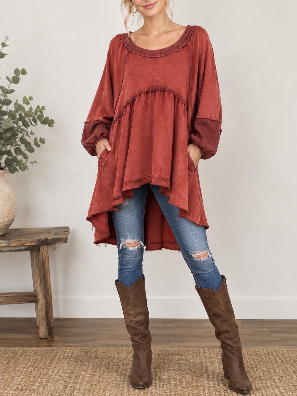 Oli & Hali Rust Casual Peasant Top-Oversized
